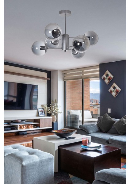 Seul Modern Tasarım Salon Yemek Odası Mutfak Gri Renk Füme Camlı Sarkıt 6 Lı Avize fırsatları