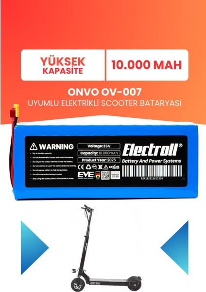 Onvo Ov-007 Uyumlu Batarya (Yüksek Kapasite) 36v 10.000mah Pil Elektrikli Scooter Bataryası Değişimi