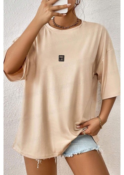 Kadın Free Life Camel Bisiklet Yaka Oversize Salas T-Shirt