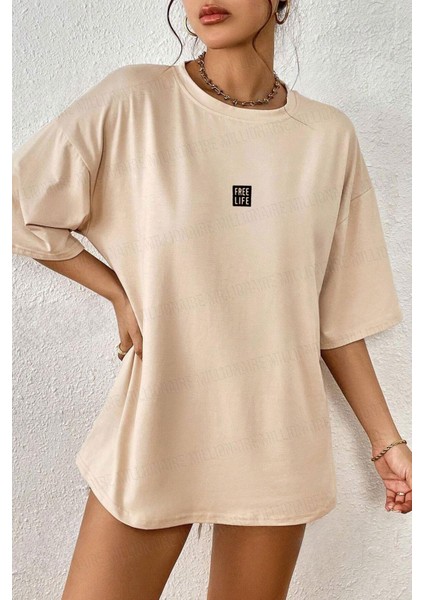 Kadın Free Life Camel Bisiklet Yaka Oversize Salas T-Shirt fiyatları