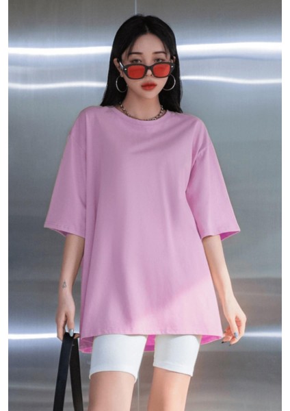 Açık Pembe Basic Düz Baskısız Oversize Salas Boyfriend Kadın T-Shirt