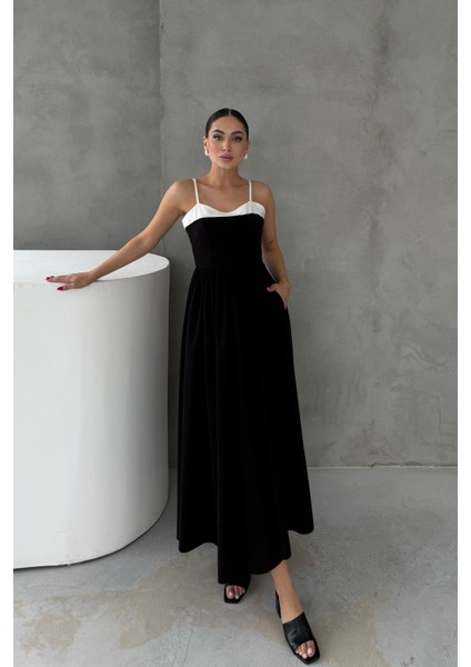 Önü Garnili Siyah Büzgülü Elbise