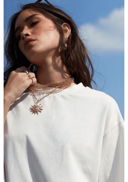 Beyaz Basic Düz Baskısız Oversize Salas Boyfriend Kadın T-Shirt