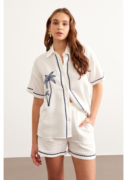 Nakış Detaylı Düğmeli Müslin Gömlek Ekru modelleri