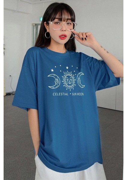 Kadın Pudra Pembe Oversize Celestial Sun Moon Baskılı T-Shirt