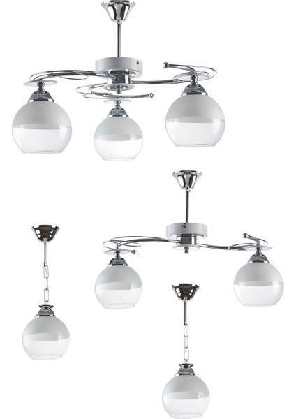 Modern Beyaz Cam Avize Seti - 3'lü, 2'li ve Tekli Ampül Başlık Sayısı: 3