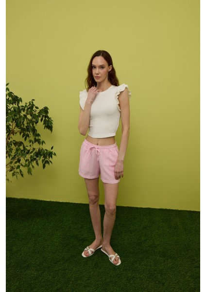 Kadın Ekru Kolları Pileli Kısa Kollu T-Shirt