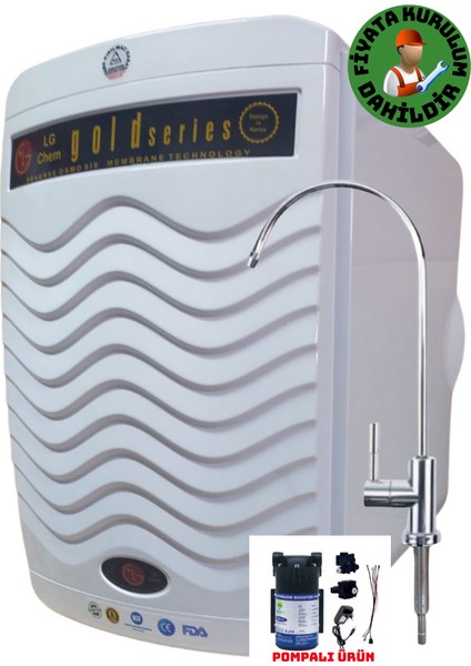 Chem Montajlı-Pompalı Gold Specıal 12 Litre 7 Filtre 14 Aşama Gümüş Iyon Tatlandırıcı Mineral Alkali 90 Gpd Nano Membranlı 304 Kalite Krom Musluklu 12 Litre Çelik Tanklı Su Arıtma Cihazı