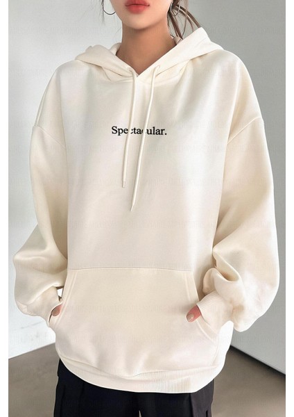 Kadın Kırık Beyaz Krem Ekru Spectacular Baskılı 3 Iplik Şardonlu Kapüşonlu Kanguru Cepli Oversize Salaş Hoodie Sweatshirt fiyatları