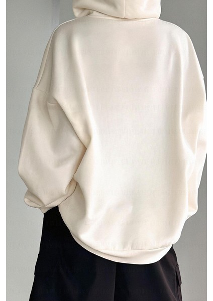 Kadın Kırık Beyaz Krem Ekru Spectacular Baskılı 3 Iplik Şardonlu Kapüşonlu Kanguru Cepli Oversize Salaş Hoodie Sweatshirt fırsatları