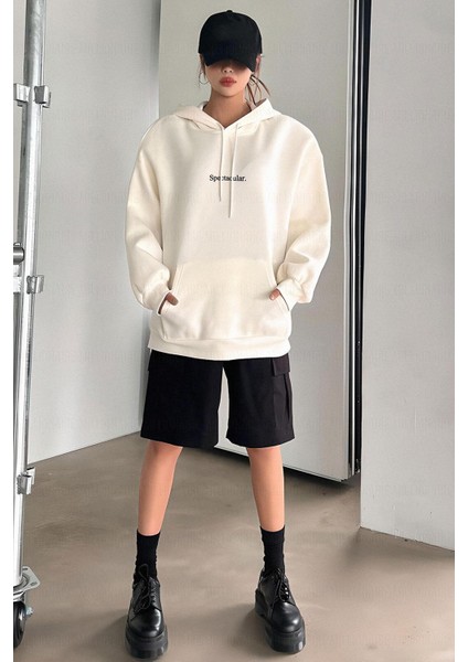 Kadın Kırık Beyaz Krem Ekru Spectacular Baskılı 3 Iplik Şardonlu Kapüşonlu Kanguru Cepli Oversize Salaş Hoodie Sweatshirt indirimleri