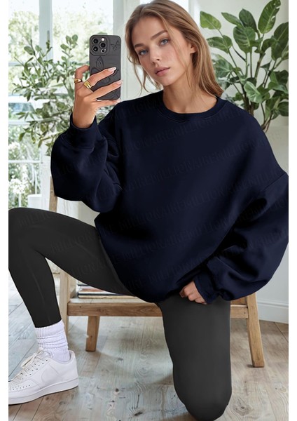 Kadın Lacivert Basic 0 Sıfır Yaka Baskısız Düz Oversize Salaş Bol Kesim Polar Sweatshirt