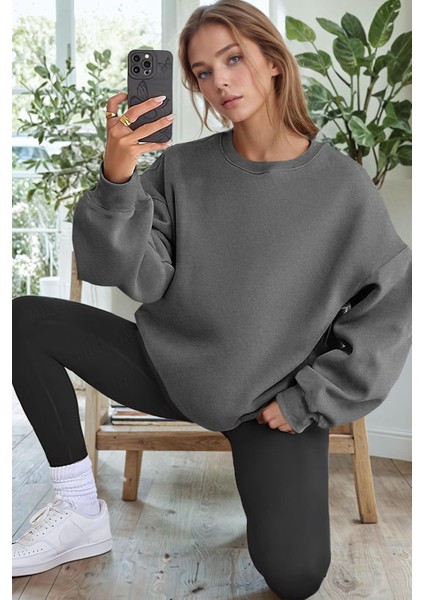 Kadın Antrasit Basic 0 Sıfır Yaka Baskısız Düz Oversize Salaş Bol Kesim Polar Sweatshirt