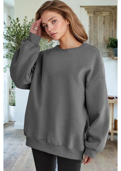 Kadın Antrasit Basic 0 Sıfır Yaka Baskısız Düz Oversize Salaş Bol Kesim Polar Sweatshirt