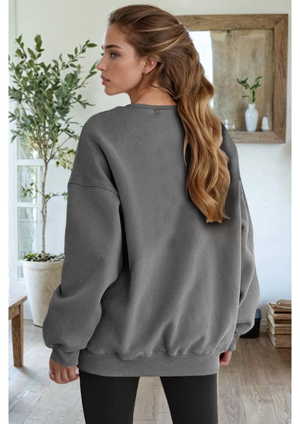 Kadın Antrasit Basic 0 Sıfır Yaka Baskısız Düz Oversize Salaş Bol Kesim Polar Sweatshirt
