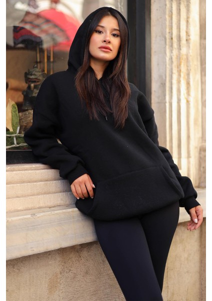 Kadın Siyah Düz Kapüşonlu Oversize 3 Iplik Şardonlu Salaş Bol Kesim Hoodie Sweatshirt