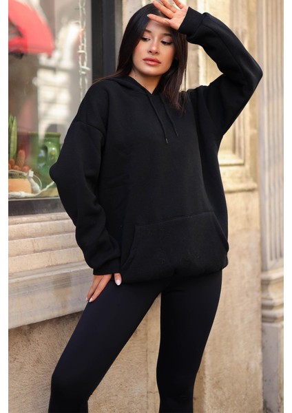 Kadın Siyah Düz Kapüşonlu Oversize 3 Iplik Şardonlu Salaş Bol Kesim Hoodie Sweatshirt