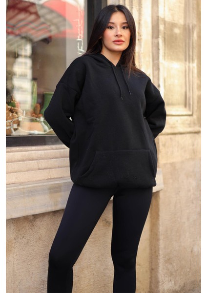 Kadın Siyah Düz Kapüşonlu Oversize 3 Iplik Şardonlu Salaş Bol Kesim Hoodie Sweatshirt