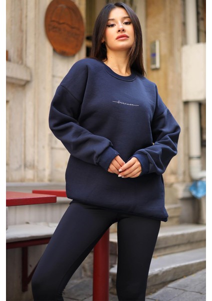 Kadın Lacivert Dreamer Baskılı 0 Sıfır Yaka Oversize Salaş Bol Kesim Polar Sweatshirt