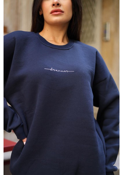 Kadın Lacivert Dreamer Baskılı 0 Sıfır Yaka Oversize Salaş Bol Kesim Polar Sweatshirt fiyatları