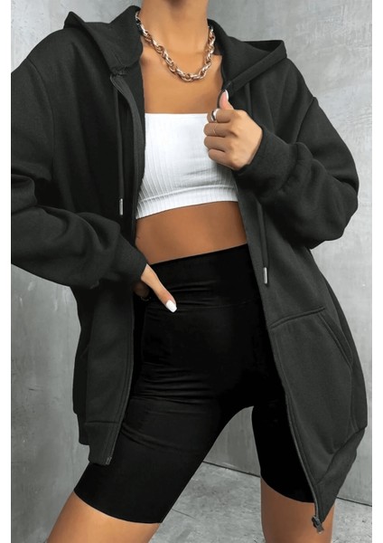 Kadin Kapüşonlu Antrasit Fermuarlı 3 Üç Iplik Polar Kanguru Oversize Sweatshirt Zip Up Hoodie