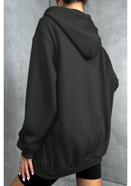 Kadin Kapüşonlu Antrasit Fermuarlı 3 Üç Iplik Polar Kanguru Oversize Sweatshirt Zip Up Hoodie fiyatları