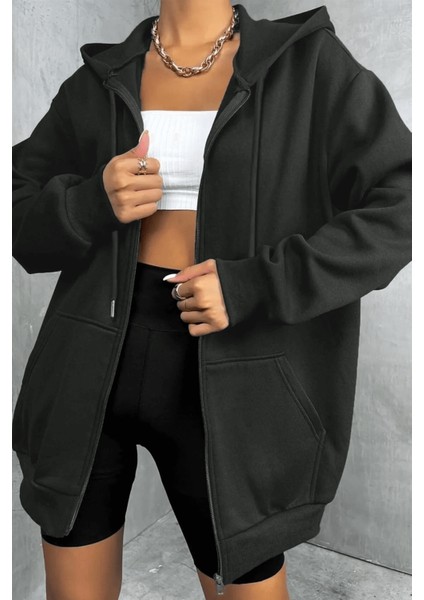 Kadin Kapüşonlu Antrasit Fermuarlı 3 Üç Iplik Polar Kanguru Oversize Sweatshirt Zip Up Hoodie modelleri