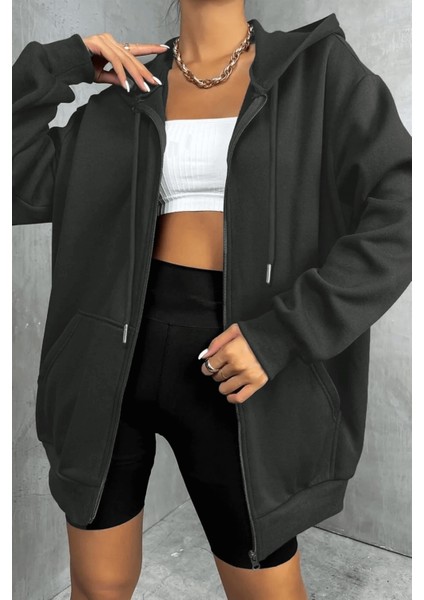 Kadin Kapüşonlu Antrasit Fermuarlı 3 Üç Iplik Polar Kanguru Oversize Sweatshirt Zip Up Hoodie fırsatları