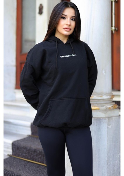 Kadın Siyah Spectacular Baskılı 3 Iplik Şardonlu Kapüşonlu Kanguru Cepli Oversize Salaş Hoodie Sweatshirt