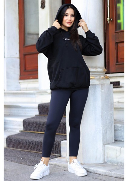 Kadın Siyah Spectacular Baskılı 3 Iplik Şardonlu Kapüşonlu Kanguru Cepli Oversize Salaş Hoodie Sweatshirt