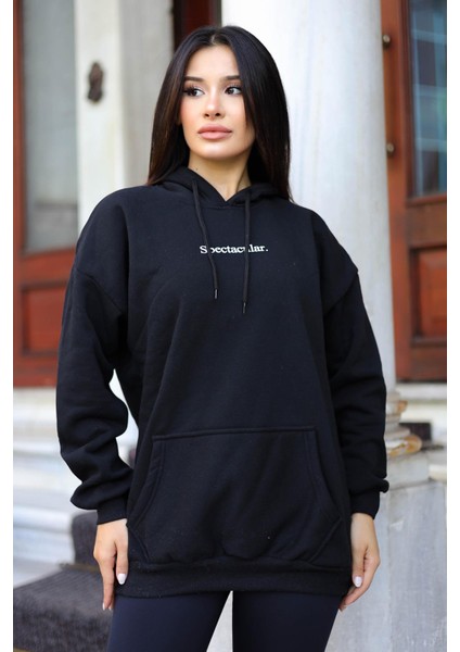 Kadın Siyah Spectacular Baskılı 3 Iplik Şardonlu Kapüşonlu Kanguru Cepli Oversize Salaş Hoodie Sweatshirt
