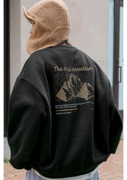 Kadın Siyah Arid Mountain Baskılı 0 Sıfır Yaka Oversize Salaş Bol Kesim Polar Sweatshirt