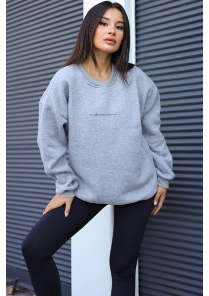 Kadın Gri Dreamer Baskılı 0 Sıfır Yaka Oversize Salaş Bol Kesim Polar Sweatshirt modelleri