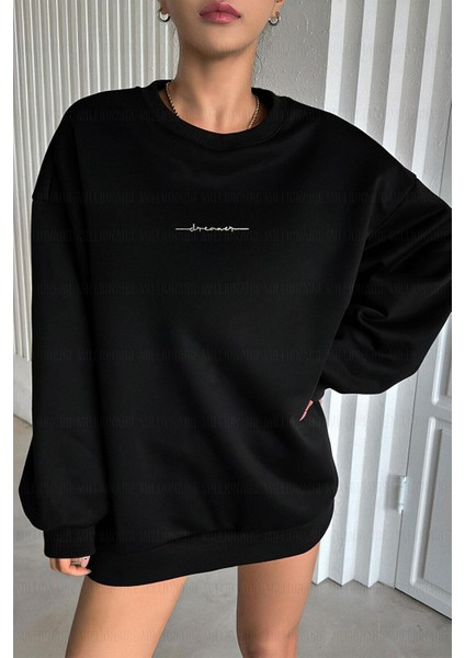 Kadın Siyah Dreamer Baskılı 0 Sıfır Yaka Oversize Salaş Bol Kesim Polar Sweatshirt fırsatları
