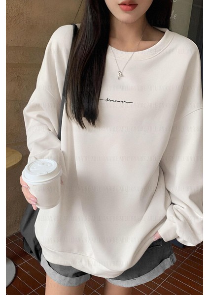 Kadın Kırık Beyaz Krem Ekru Dreamer Baskılı 0 Sıfır Yaka Oversize Salaş Bol Kesim Polar Sweatshirt