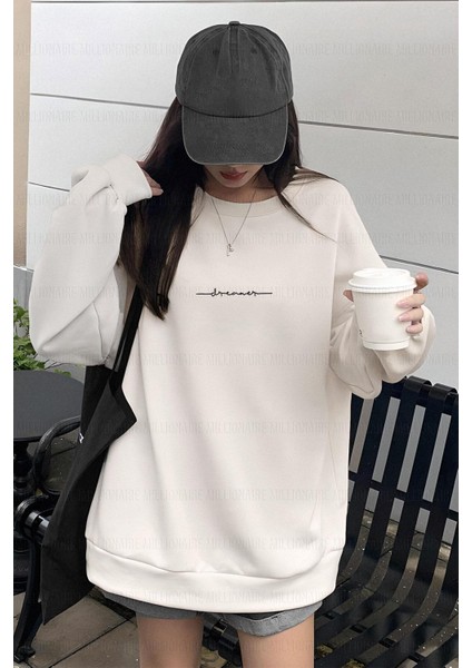 Kadın Kırık Beyaz Krem Ekru Dreamer Baskılı 0 Sıfır Yaka Oversize Salaş Bol Kesim Polar Sweatshirt fiyatları