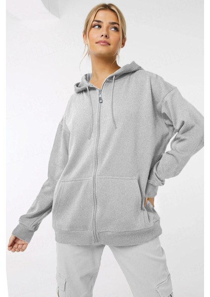 Kadin Kapüşonlu Gri Melanj Fermuarlı Polar 3 Üç Iplik Şardonlu Kapşonlu Sweatshirt Zip Up Hoodie - K2204