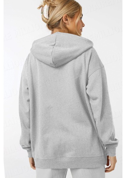 Kadin Kapüşonlu Gri Melanj Fermuarlı Polar 3 Üç Iplik Şardonlu Kapşonlu Sweatshirt Zip Up Hoodie - K2204 modelleri