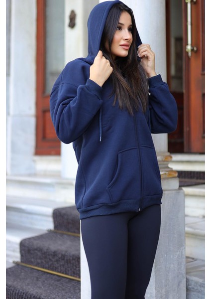 Kadin Kapüşonlu Lacivert Fermuarlı Polar 3 Üç Iplik Şardonlu Sweatshirt Zip Up Hoodie - K2204