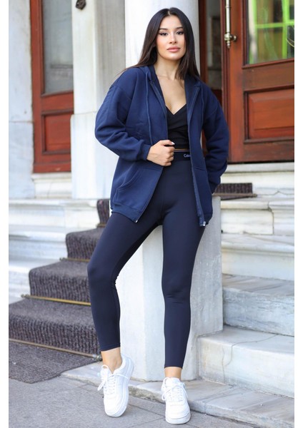 Kadin Kapüşonlu Lacivert Fermuarlı Polar 3 Üç Iplik Şardonlu Sweatshirt Zip Up Hoodie - K2204 fiyatları