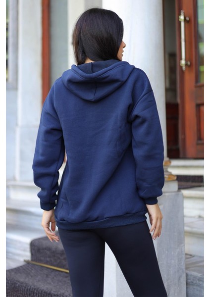 Kadin Kapüşonlu Lacivert Fermuarlı Polar 3 Üç Iplik Şardonlu Sweatshirt Zip Up Hoodie - K2204 fırsatları