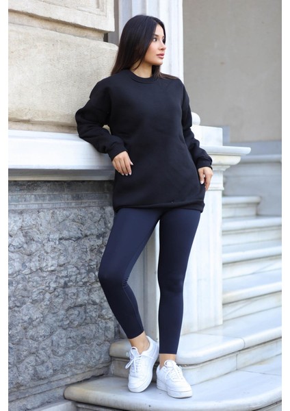 Kadın Siyah Basic 0 Sıfır Yaka Baskısız Düz Oversize Salaş Bol Kesim Polar Sweatshirt modelleri