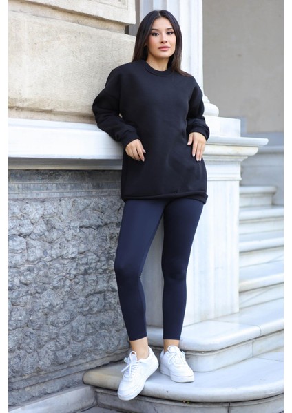 Kadın Siyah Basic 0 Sıfır Yaka Baskısız Düz Oversize Salaş Bol Kesim Polar Sweatshirt fırsatları
