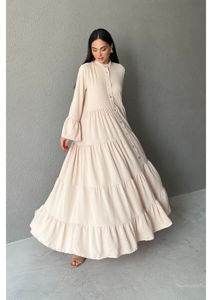 Hakim Yaka Düğmeli Uzun Dokuma Bej Elbise