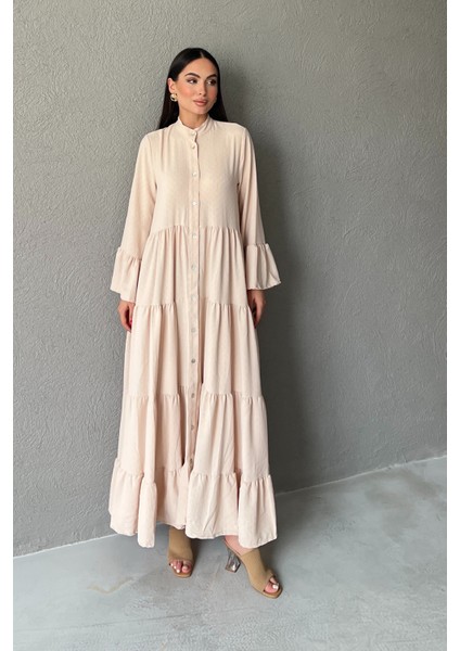 Hakim Yaka Düğmeli Uzun Dokuma Bej Elbise fiyatları