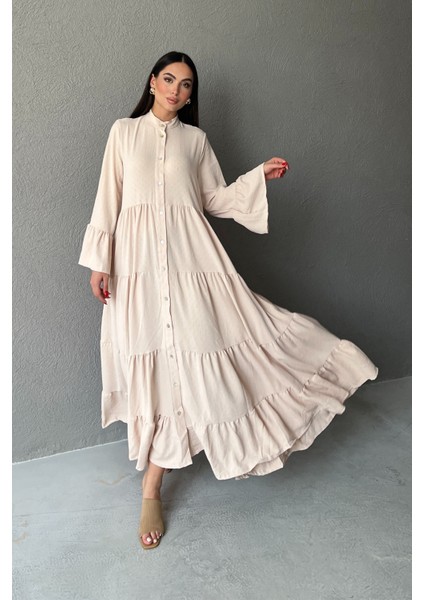 Hakim Yaka Düğmeli Uzun Dokuma Bej Elbise modelleri