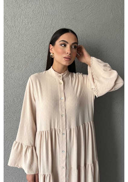 Hakim Yaka Düğmeli Uzun Dokuma Bej Elbise fırsatları