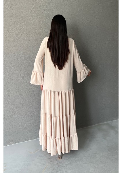 Hakim Yaka Düğmeli Uzun Dokuma Bej Elbise indirimleri