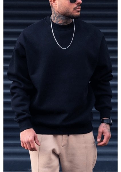 Erkek Lacivert Basic 0 Sıfır Yaka Baskısız Düz Oversize Salaş Bol Kesim Polar Sweatshirt fiyatları