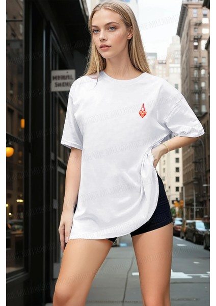 Kadın Ekru Beyaz Kupa As Kuru Kafa Oversize Fit Bol Geniş Kalıp Salaş Kesim T-Shirt